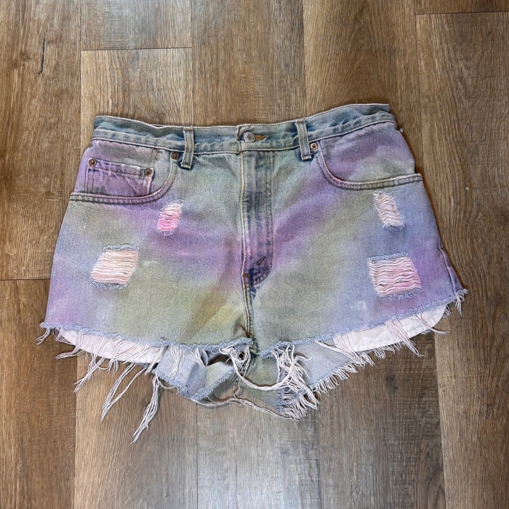 Vintage Levis 560 Tie Dye Cut Off Denim Shorts Pastel Thrashed Grunge Custom
